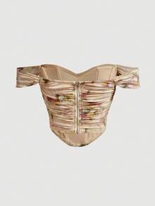 SHEIN MOD 女士印花露肩褶皱不对称下摆时尚上衣，玫瑰图案，露肩设计，束身短款上衣，春夏款，优雅上衣，外出上衣，下午茶派对上衣，露肩上衣，海滩度假款 - 彩色 - 查看 3