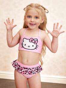 HELLO KITTY AND FRIENDS | SHEIN 少女卡通豹纹比基尼泳装 - 粉色 - 查看 8