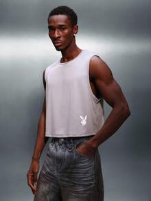 PLAYBOY X SUMWON Ribbed Cropped Muscle Tank Top Sleeveless Crew Neck Casual Summer Streetwear Essential - Grey - View 1