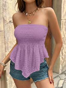Top bandeau de diseño fruncido de unicolor con bajo asimétrico de moda para vacaciones de mujer - Blanco - Ver 10