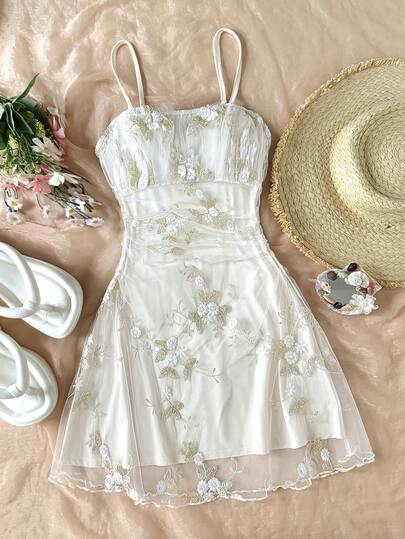 SHEIN Vestido elegante con tirantes de malla para niña preadolescente