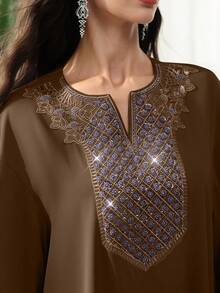 SHEIN Najma Elegantes Kleid mit V-Ausschnitt, Glockenärmeln und Perlendekor mit Blumenmuster, Frühling/Sommer - Kaffeebraun - Übersicht 3