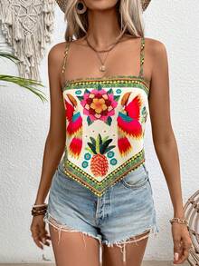 Breezaya 女士夏季度假风格花卉印花不对称下摆吊带背心图案 T 恤女士上衣 - 彩色 - 查看 3