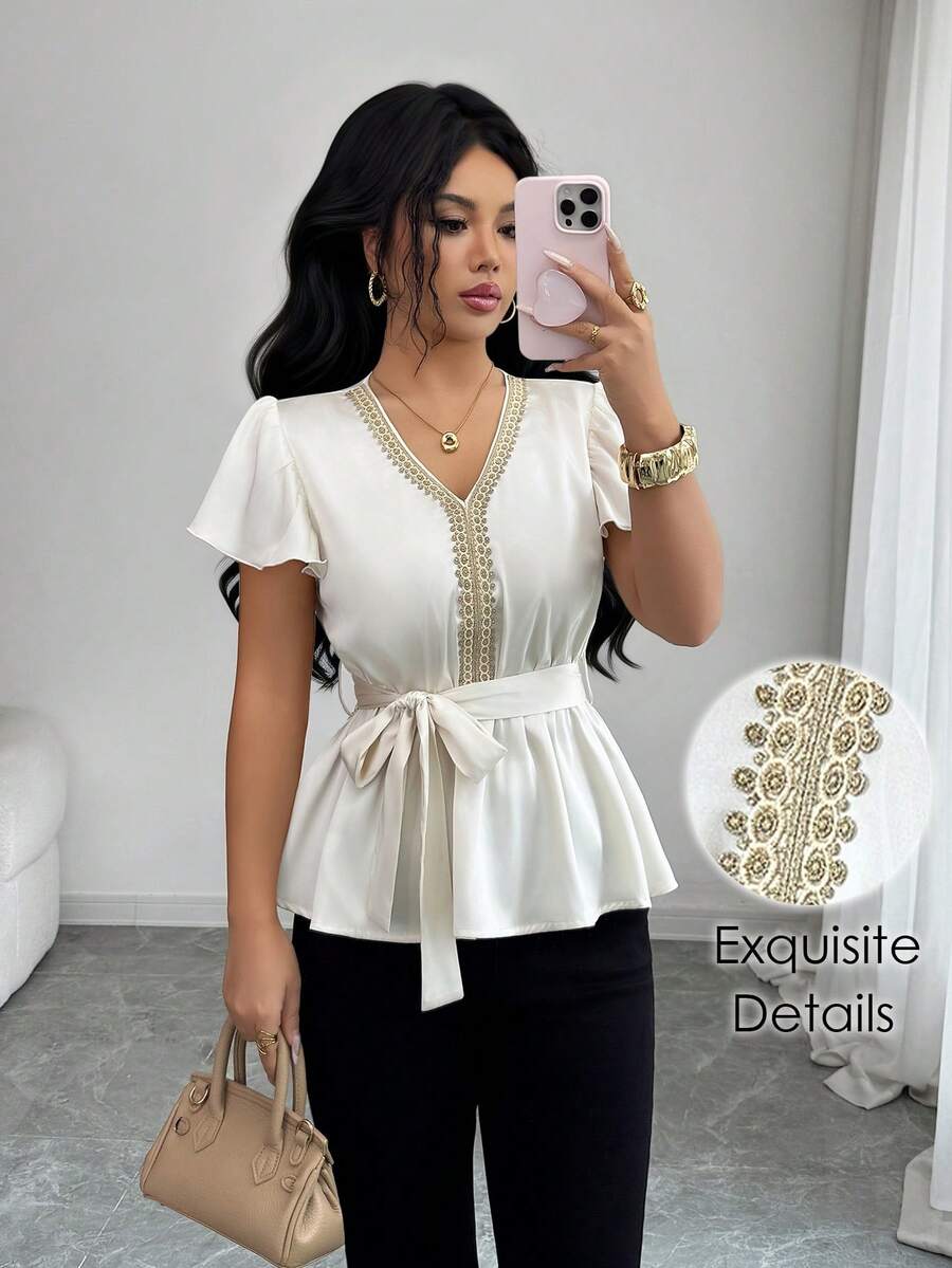 Elenzga Blusa elegante de mujer con cuello en V, lazo, decoración floral y mangas con volantes en línea A, adecuada para citas, primavera/verano - Albaricoque - Ver 1