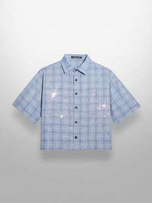 NEON BLANC Camisa de manga corta con estampado de cuadros, tela tejida y aplicaciones de cristales en forma de telaraña, para moda urbana de hombres - Morado - Ver 4