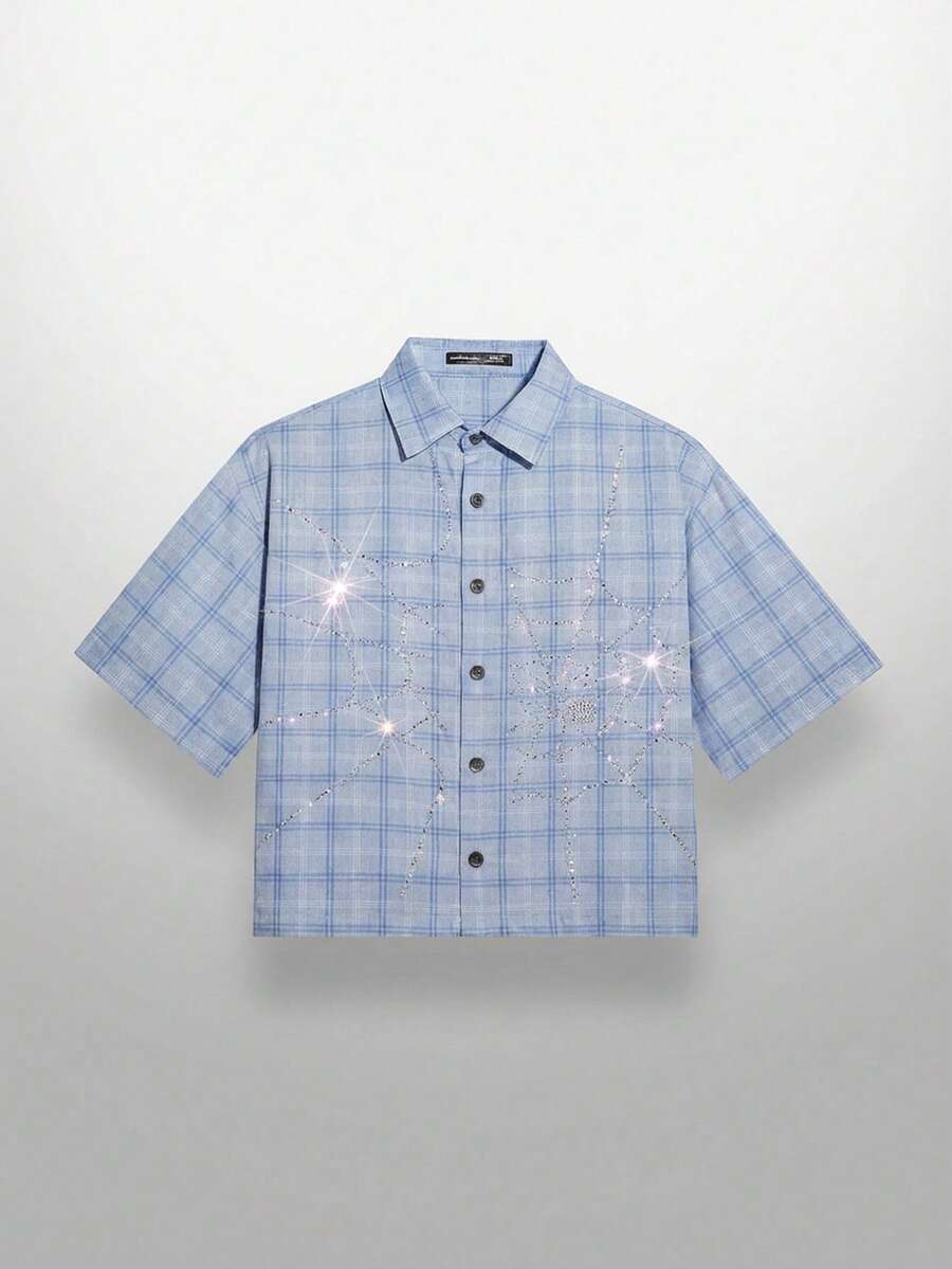 NEON BLANC 男士街头时尚编织水钻蜘蛛网格子短袖衬衫 - 紫色 - 查看 1