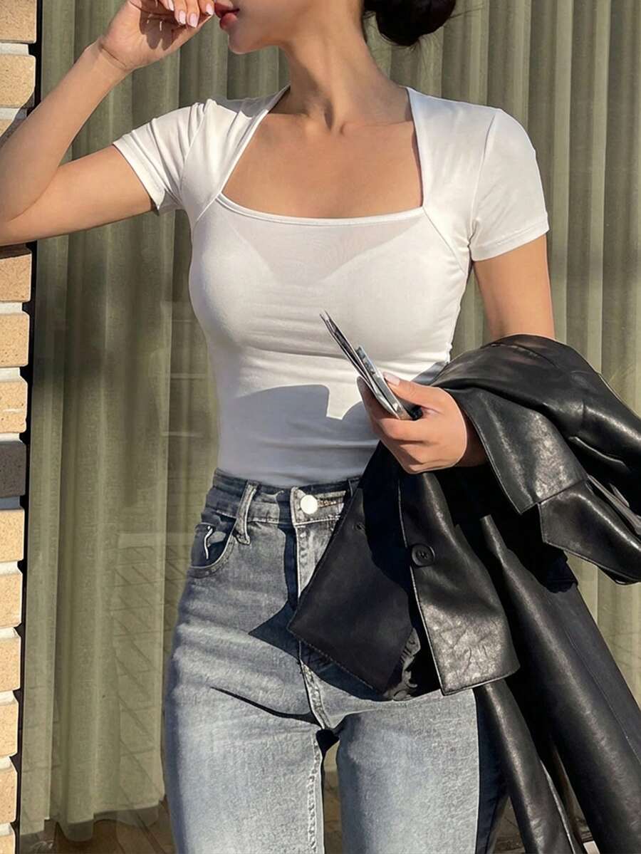 DAZY Women's Casual Solid Color Square Neck Short Sleeve Fitted T-Shirt, Summer Cute Tops Y2k - White - View 1