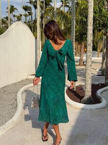 DAZY 法式长袖V领碎花修身鱼尾连衣裙 - 綠色 - 查看 4