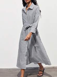 Maija Đầm midi dài tay kẻ sọc dáng suông dành cho nữ - Xanh và trắng - Xem 3