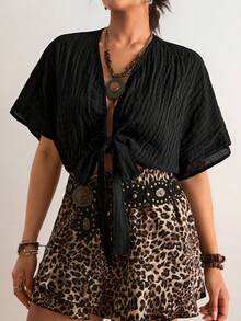 Freevana Plus Size Solid Color Casual Tie-Up Shirt, Summer Tops - Black - View 4