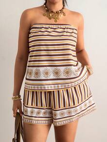Freevana Bộ đồ cỡ lớn kiểu Bohemian gồm áo quây kẻ sọc nâu và quần short ống rộng, trang phục mùa hè thoải mái theo phong cách cổ điển dành cho nữ. - màu nâu - Xem 5