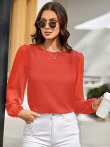 EMERY ROSE Solid Color Round Neck Casual Versatile Long Sleeve Pullover Shirt Chiffon Blouses For Women - Orange - View 5