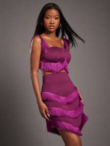 NYA SZN 配套露脐上衣和流苏半裙套装 - 紫色 - 查看 3