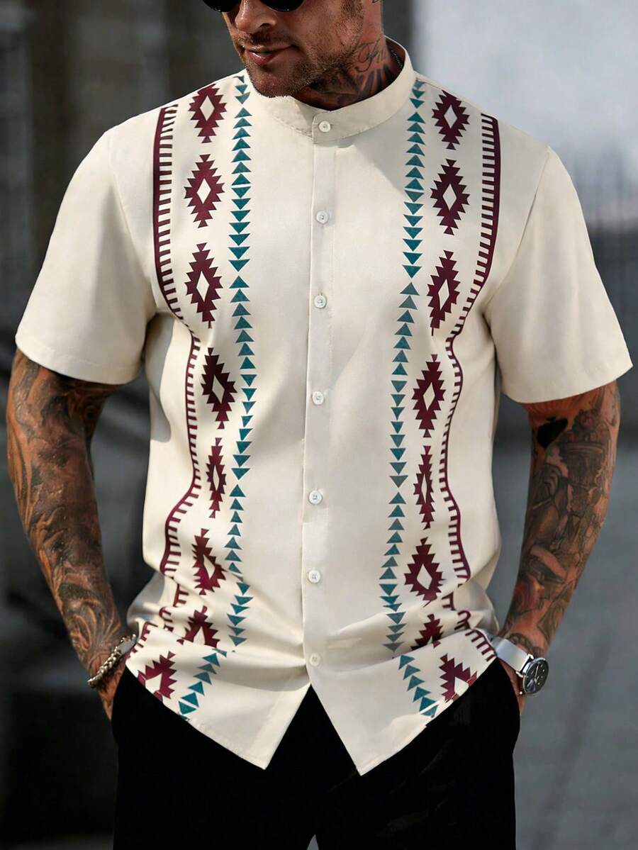 Manfinity CasualCool Men's Graphic Print Single-Breasted Casual Short Sleeve Shirt Men Fashion Shirts Men Clothes Men Shirts - Multicolor - View 1