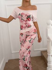 女士两件套印花短袖睡衣套装 - 淺粉色 - 查看 4