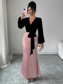 SHEIN Raffinéa 女士优雅时尚黑金撞色V领系带丝绒上衣搭配彩色撞色下摆连衣裙，适合晚宴、假日和正式场合。 - 粉色 - 查看 4