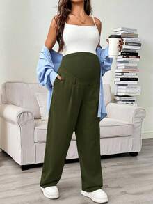 SHEIN 孕妇纯色高腰斜插口袋休闲百搭阔腿裤 - 軍綠色 - 查看 6