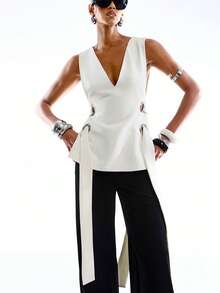 LYSMO 2026新款极简主义春夏女装时尚性感纯色双层无袖金属孔眼时尚开衩背心/夏季女装/夏季假期/春季女装/春假/春季上衣/狂欢节服装/2026狂欢节女装造型/派对上衣 - 米色 - 查看 6