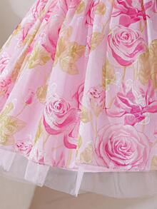 Glamorique Kids Baby Girls' Sleeveless Pink Elegant Summer Flower Girl Dress With Rose Flower Print,Jacquard Fabric,Satin Waist Belt,Tulle Birthday Wedding Party - Pink - View 7