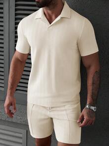 Manfinity Homme Men's Solid Color Short Sleeve Polo Shirt And Shorts Set - Apricot - View 4