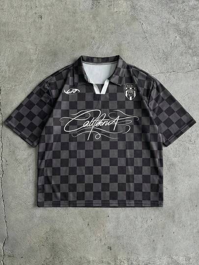 AXEPEAK Men's Letter & Plaid Print Casual Versatile Short Sleeve Polo Shirt