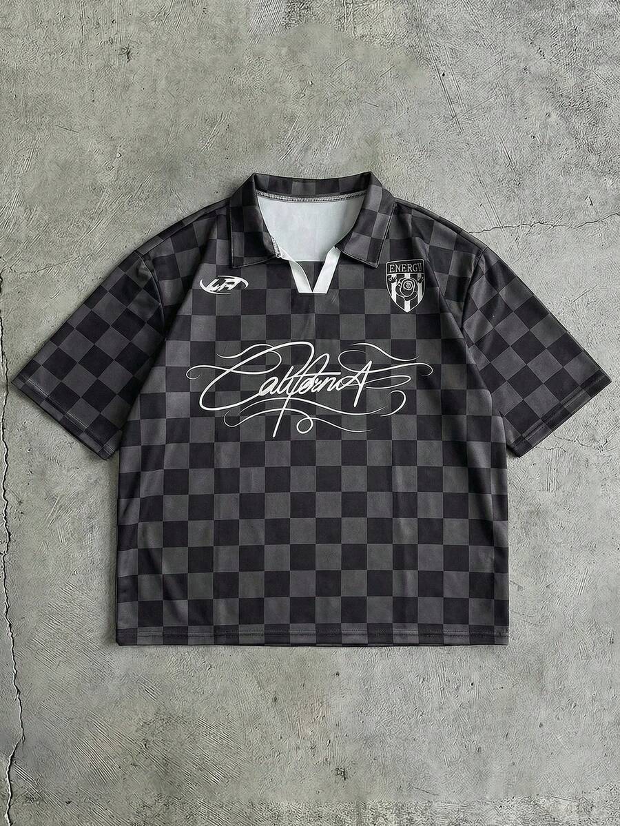 AXEPEAK Men's Letter & Plaid Print Casual Versatile Short Sleeve Polo Shirt - Black - View 1