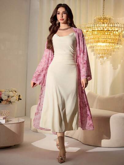 Modelyn Women's Elegant Chiffon Printed Jacket And Beige Washed Pleated Camisole Dress, Spring/Summer