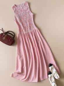 Muvela 春夏新款粉白条纹圆领无袖褶皱松紧腰喇叭下摆连衣裙，优雅嘉年华派对时尚都市通勤工作装 - 淺藍色 - 查看 3