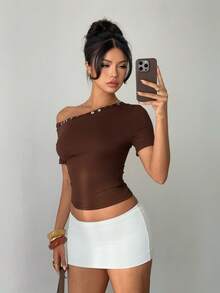 Aloruh Áo thun dệt kim tay ngắn cổ xéo màu cà phê, trang phục công sở thanh lịch, thoải mái cho mùa hè. - Cà phê nâu - Xem 8