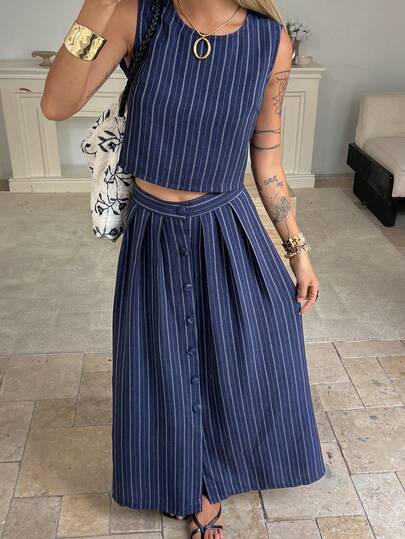 DAZY Women's Fashion Striped Tank Top & Skirt 2 Pieces Set