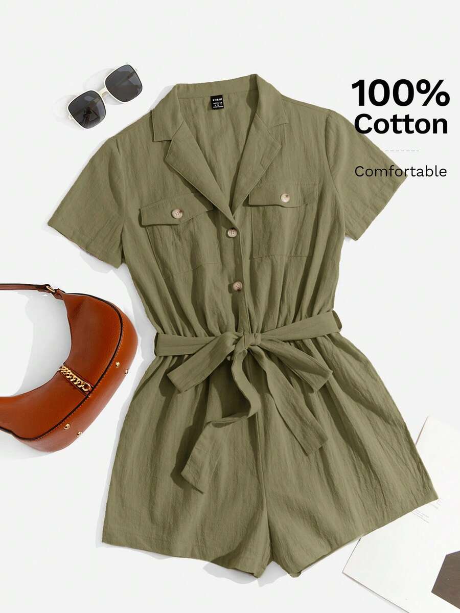 SHEIN EZwear 橄榄绿编织连体裤，女士狩猎装，女士夏季休闲连衣裙，休闲连体裤，纽扣连衣裙，女士夏季连体裤，100%纯棉服装，卡其色连衣裙，女士休闲连体裤，纽扣连衣裙，女士夏季服装，女士休闲装，女士夏季服装，女士春季服装 - 軍綠色 - 查看 1