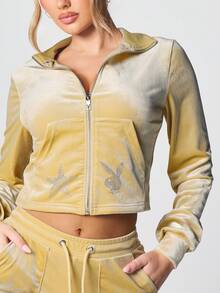 Missguided x Playboy Golden Yellow Velour Rhinestone Star Bunny Logo Full Zip Drawstring Hoodie Jacket With Long Sleeves Casual Comfort - Light Yellow - View 4