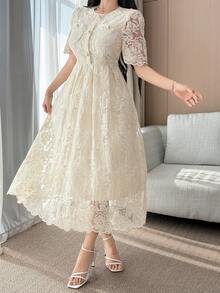 DAZY 女士优雅蕾丝口袋圆领泡泡袖中长连衣裙，夏季婚礼宾客礼服 - 杏色 - 查看 4