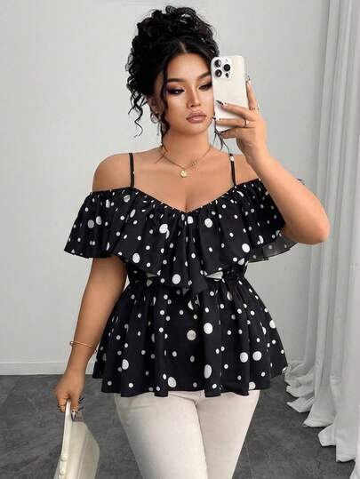 Elenzga Plus Size Elegant Off-Shoulder Ruffle Hem A-Line Blouse, Spring/Summer