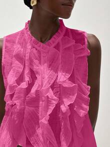 Aveloria Modichic 优雅浪漫百搭法式无袖荷叶边领薄纱女式衬衫 - 玫紅色 - 查看 5