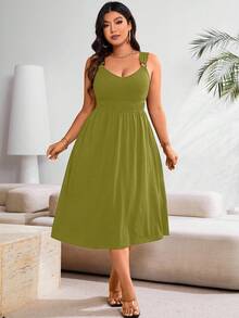 EMERY ROSE Plus Size Yellowish-Green Pleated Casual Summer Dress Maxi Women Outfit - Green - View 7