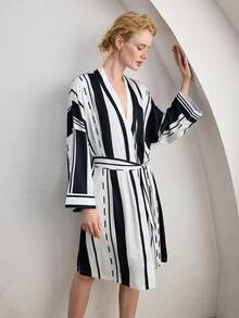 Ocili Silky Satin Striped Loose Belted Mid-Length Robe, Women Sleepwear - Black and White - View 1