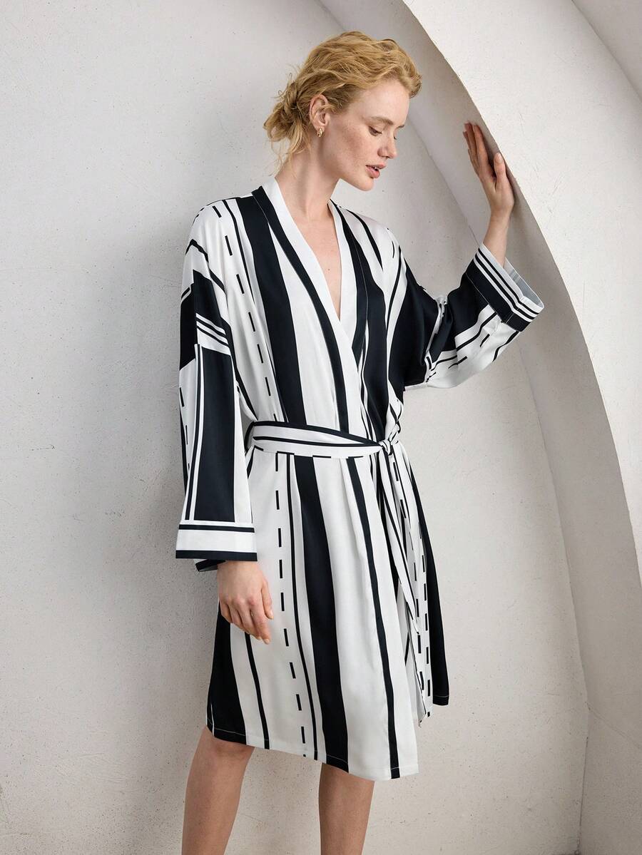 Ocili Silky Satin Striped Loose Belted Mid-Length Robe, Women Sleepwear - Black and White - View 1