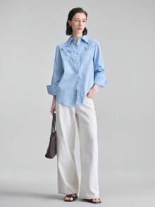 2026 Blusa de manga larga con cuello redondo, cómoda y transpirable, con parche bordado en el pecho, elegante y urbana, para uso casual en la oficina.Atuendo de alta calidad para aeropuerto/crucero, con sensación de lujo minimalista, esencial versátil para las 4 estaciones - Azul - Ver 6