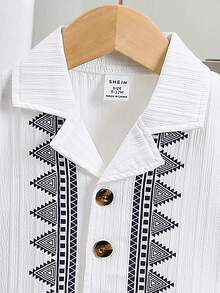 SHEIN Playful Pals Baby Boy Geometric Pattern Patchwork Collar Short Sleeve Shirt And Shorts Set Black And White Baby Boy Outfit Baby Matching Set Summer Baby Boy Clothes Summer 2 Piece Set Baby Boys Outfit Baby Boy Shirt And Short Set - Beige - View 8