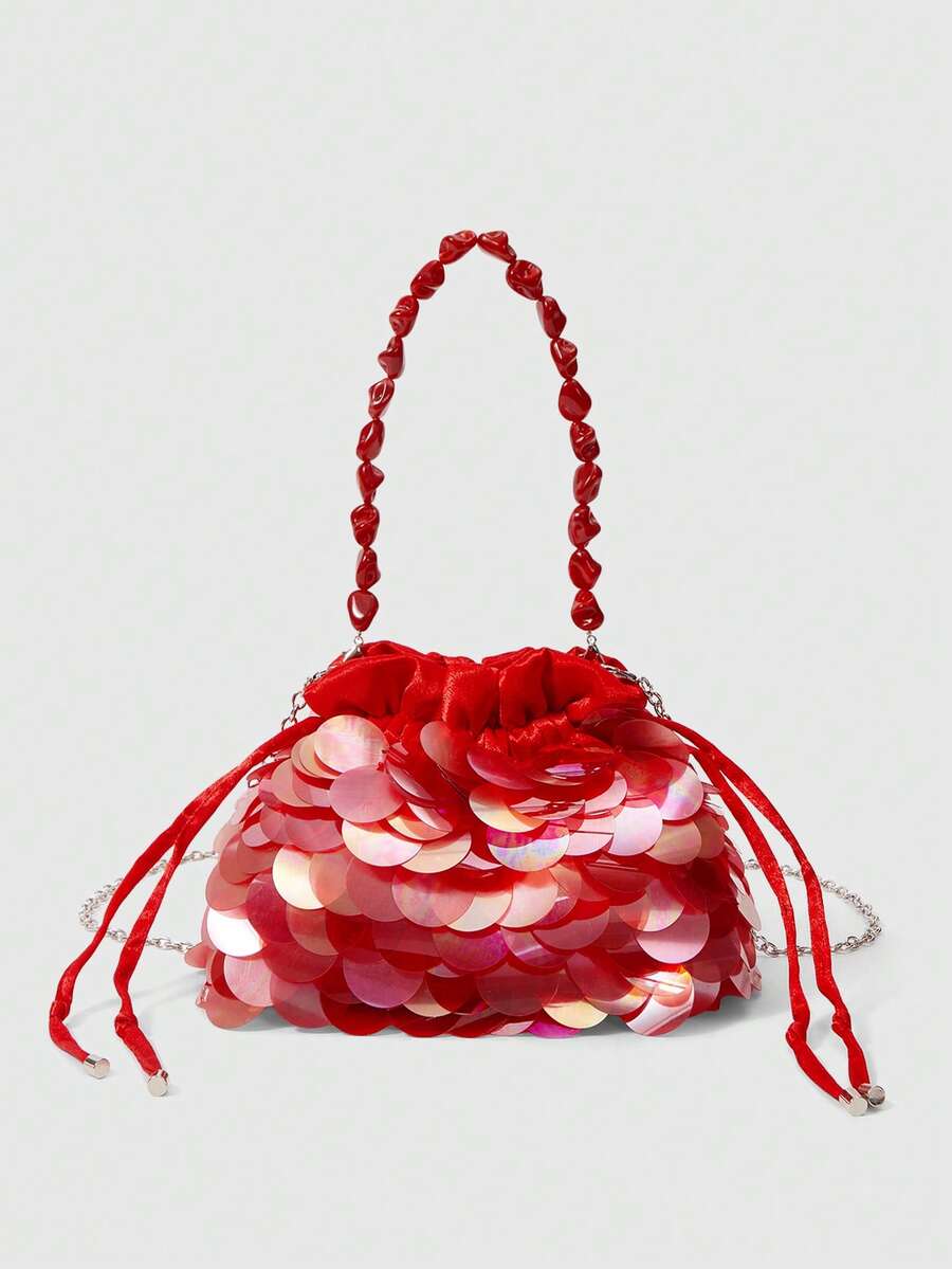 SHECARRY Bolso de mano con cordón y brillo para uso diario de moda para mujer - Rojo - Ver 1