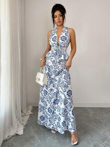 Elenzga 女士蓝白印花系带露背吊带背心+A字长裙两件套，春夏款 - 藍白色 - 查看 6