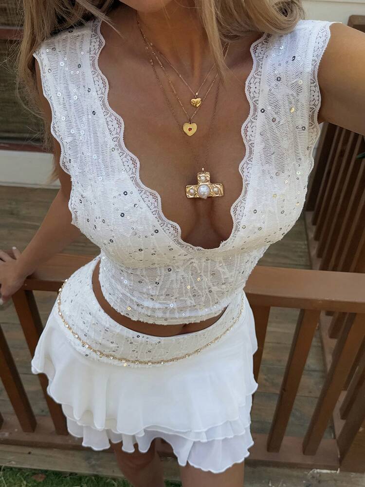 Beach Party Holiday Outfit, Summer White Lace Patchwork Ruffle Hem Skirt, Women 2 Pieces Set For Vacation