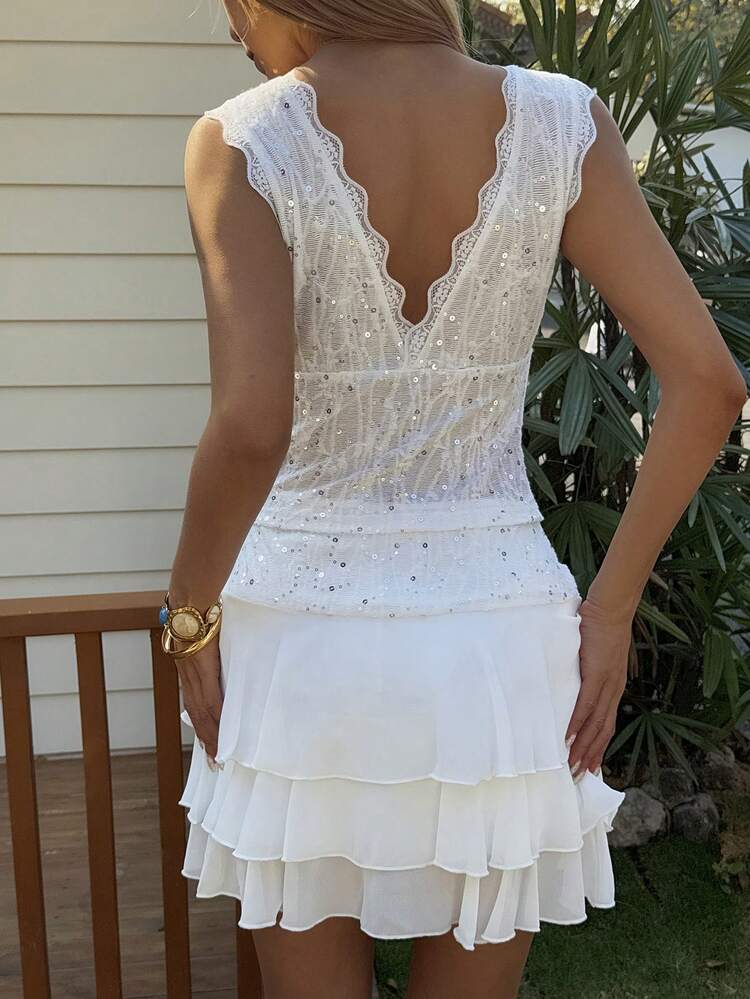 Beach Party Holiday Outfit, Summer White Lace Patchwork Ruffle Hem Skirt, Women 2 Pieces Set For Vacation