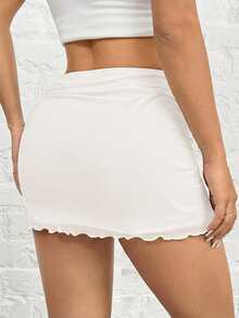 SHEIN EZwear Women's White Knitted Mesh Ruffle Bodycon Mini Skirt - White - View 5