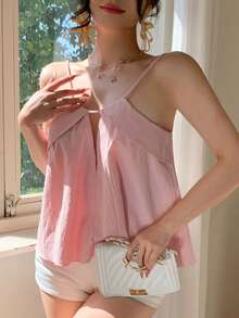 DAZY Áo hai dây kiểu babydoll màu hồng dáng rộng, thoải mái, thích hợp cho kỳ nghỉ hè, dành cho nữ. - Hồng - Xem 5