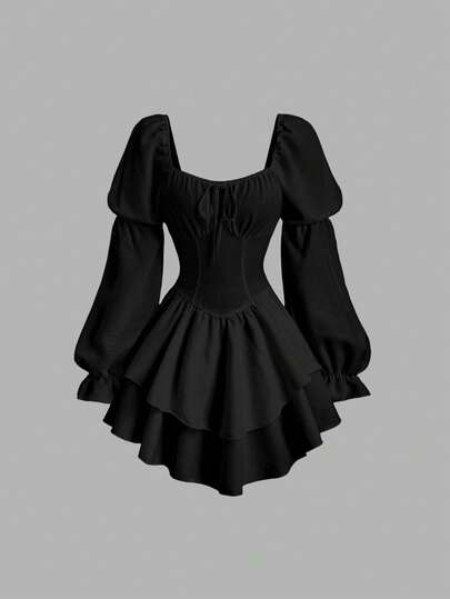 Sweetra French Romantic Early Autumn Fashion Sense Princess Style Puff Sleeve Dress, Sophisticated Waist Cinching Asymmetric Hem Design, Party Banquet Playful Cute Pure White Ladies Dress