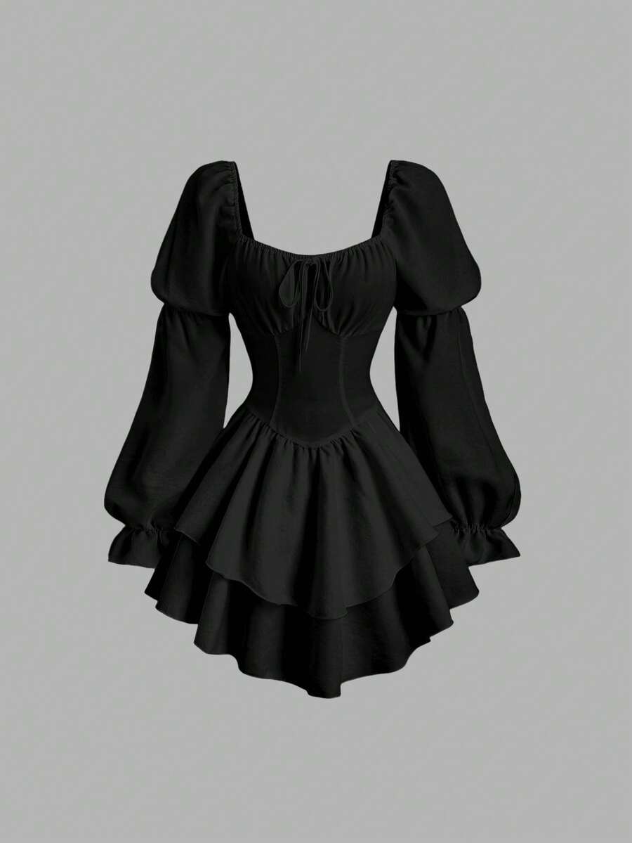 Sweetra Đầm công chúa tay phồng kiểu Pháp lãng mạn đầu thu, thiết kế eo thắt tinh tế với vạt bất đối xứng, đầm dự tiệc màu trắng tinh khôi, dễ thương và đáng yêu dành cho phái nữ. - màu đen - Xem 1