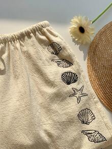 Comfortcana 女士夏季抽绳腰带海星贝壳印花休闲百搭阔腿裤，适合日常穿着 - 杏色 - 查看 5