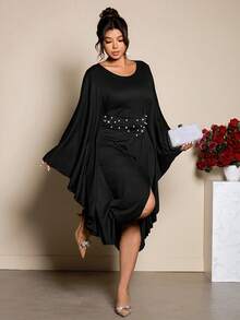 Cravure Elegant Plus Size Black Party Dress With Pearl Details Round Neck Batwing Long Sleeve Asymmetrical Hem Knee Length Bodycon Knitted Fabric - Black - View 3